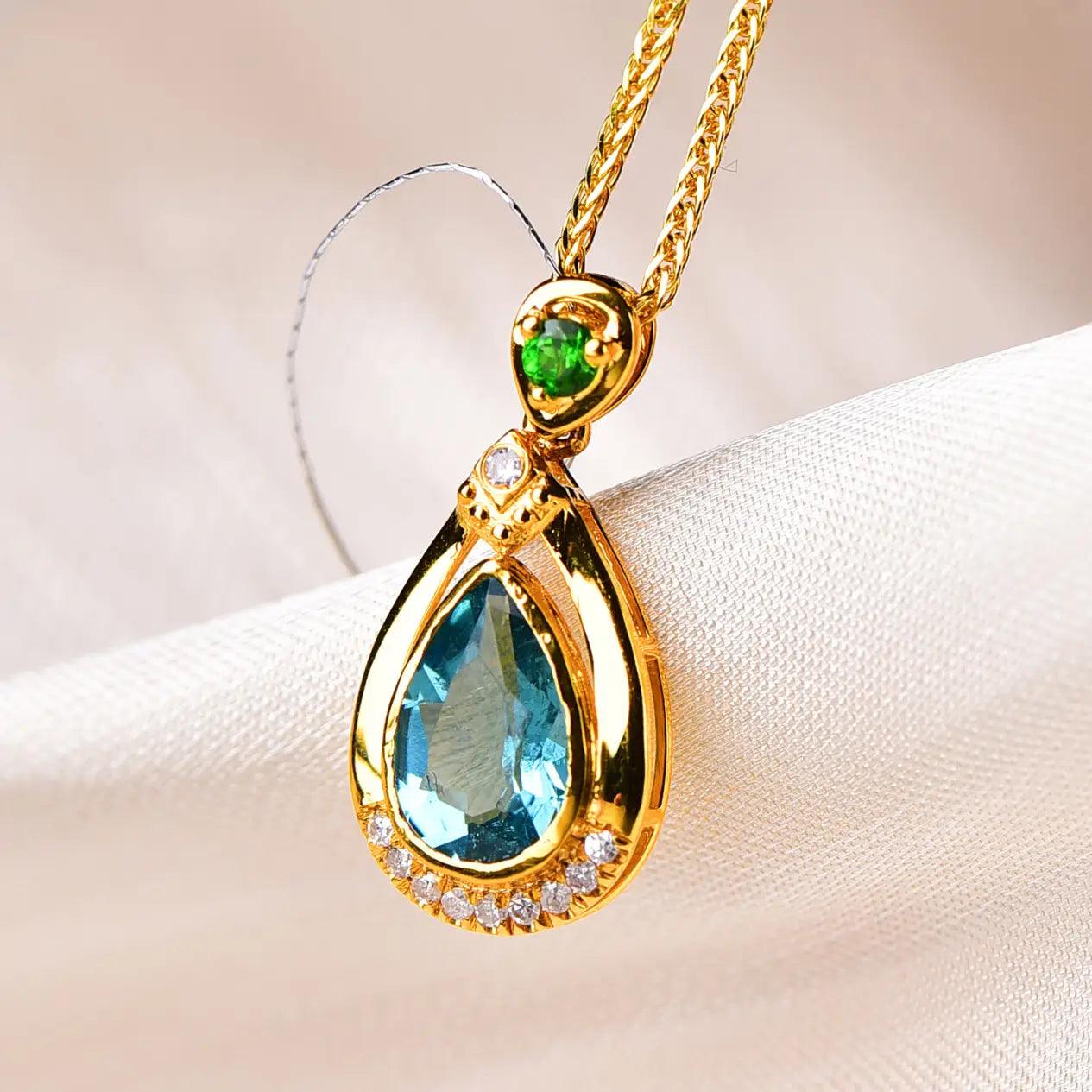 Elegant 18K Gold Blue Tourmaline Diamond Drop Pendant xuyuan Arts and Crafts
