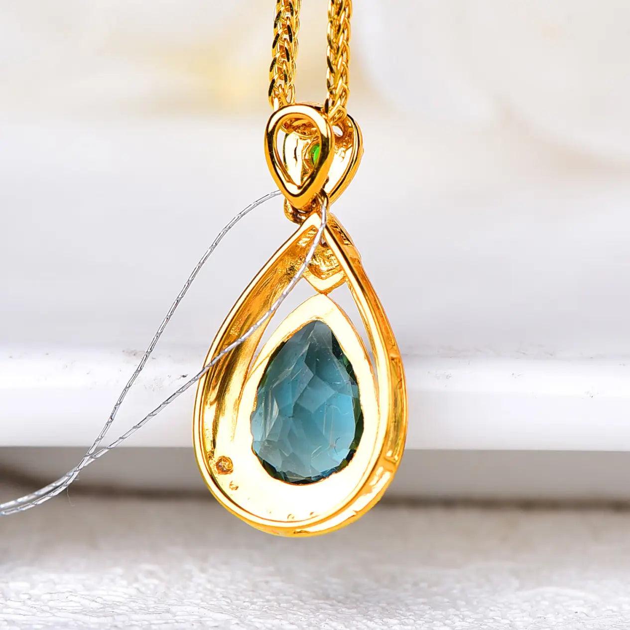 Elegant 18K Gold Blue Tourmaline Diamond Drop Pendant xuyuan Arts and Crafts