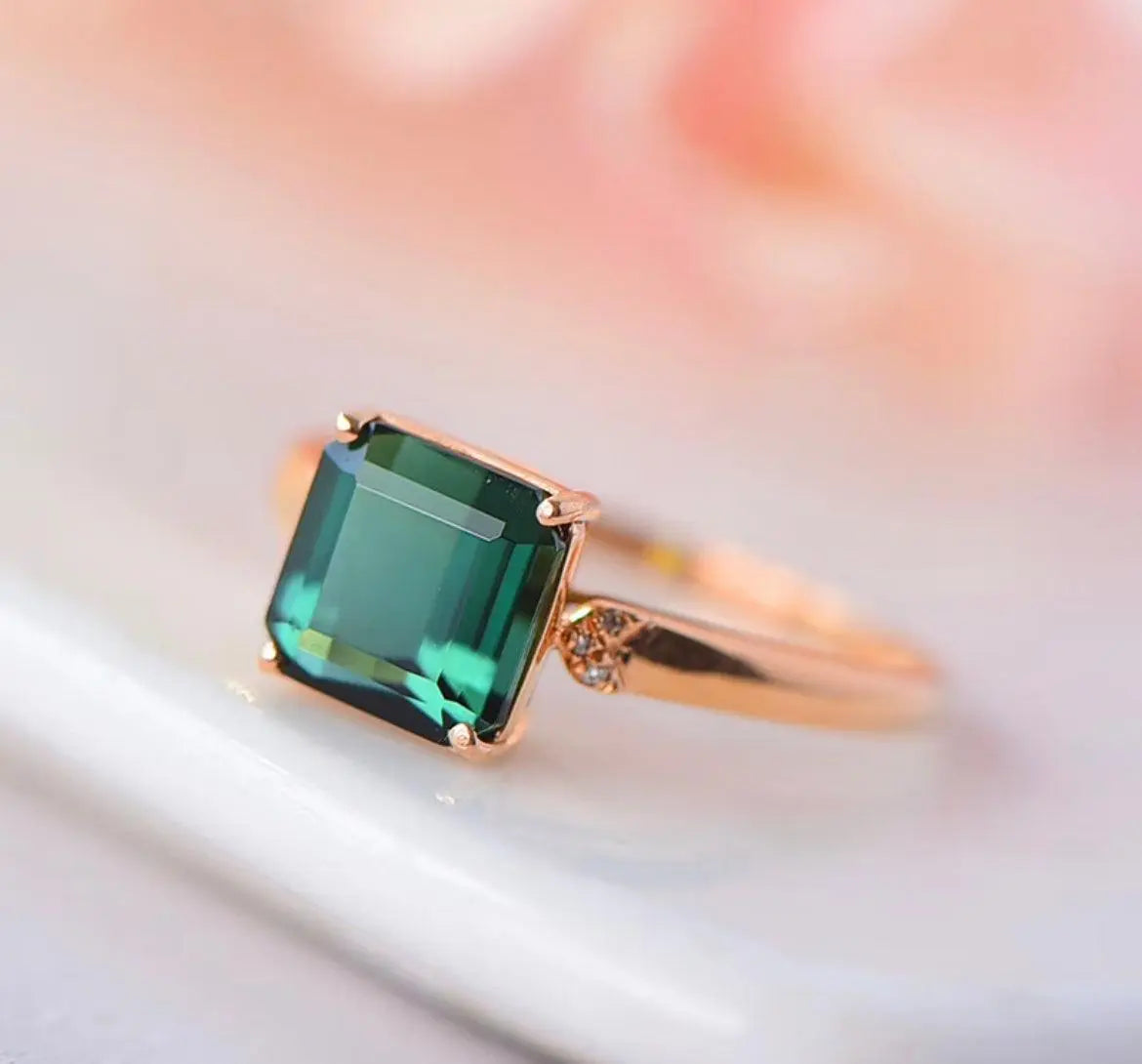 Natural Green Tourmaline Ring 18K Gold Diamond Square Ring xuyuan