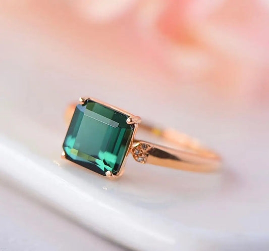 Natural Green Tourmaline Ring 18K Gold Diamond Square Ring xuyuan