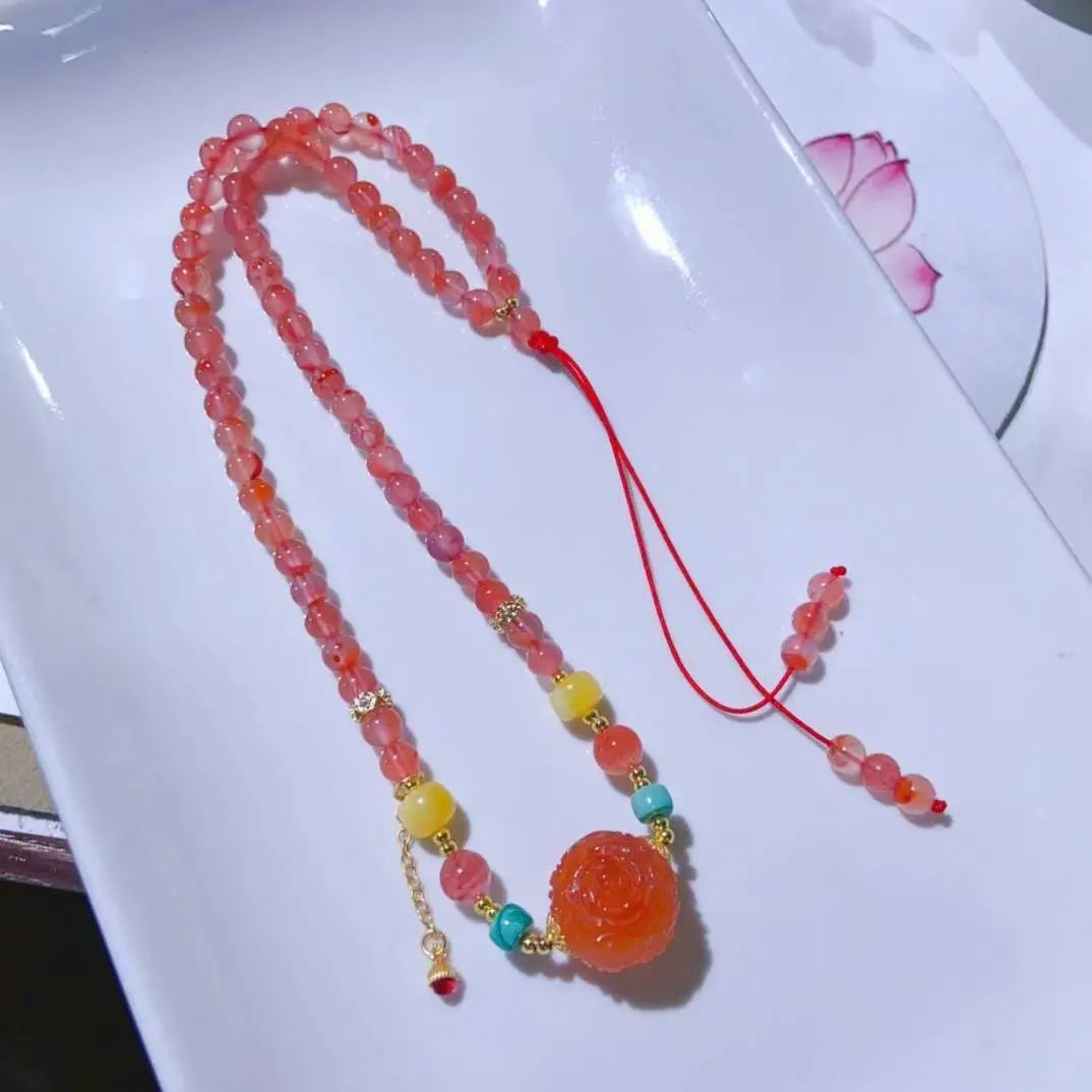 Unique Red Agate Jewelry: Carved Flower Bead Necklace SHINECRYS Arts and Crafts