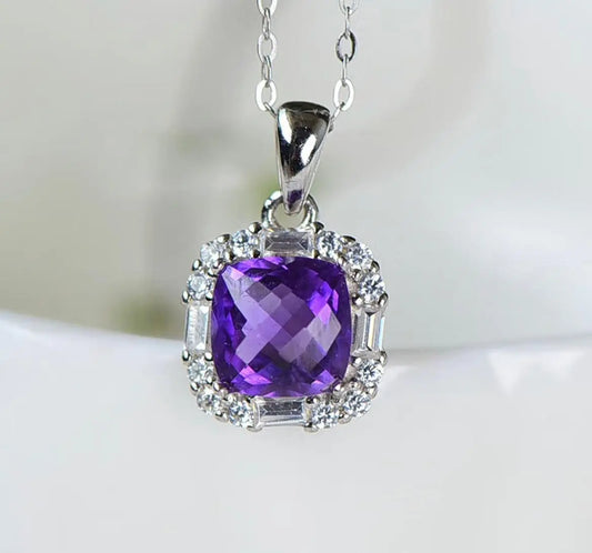 Amethyst Square Pendant Necklace in 925 Silver Chic Clavicle Chain xuyuan
