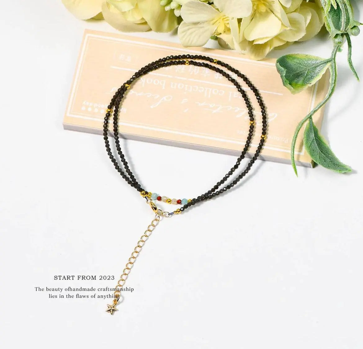 Black Beaded Rosary Style Necklace with Gold Star SHINECRYS Arts and Crafts
