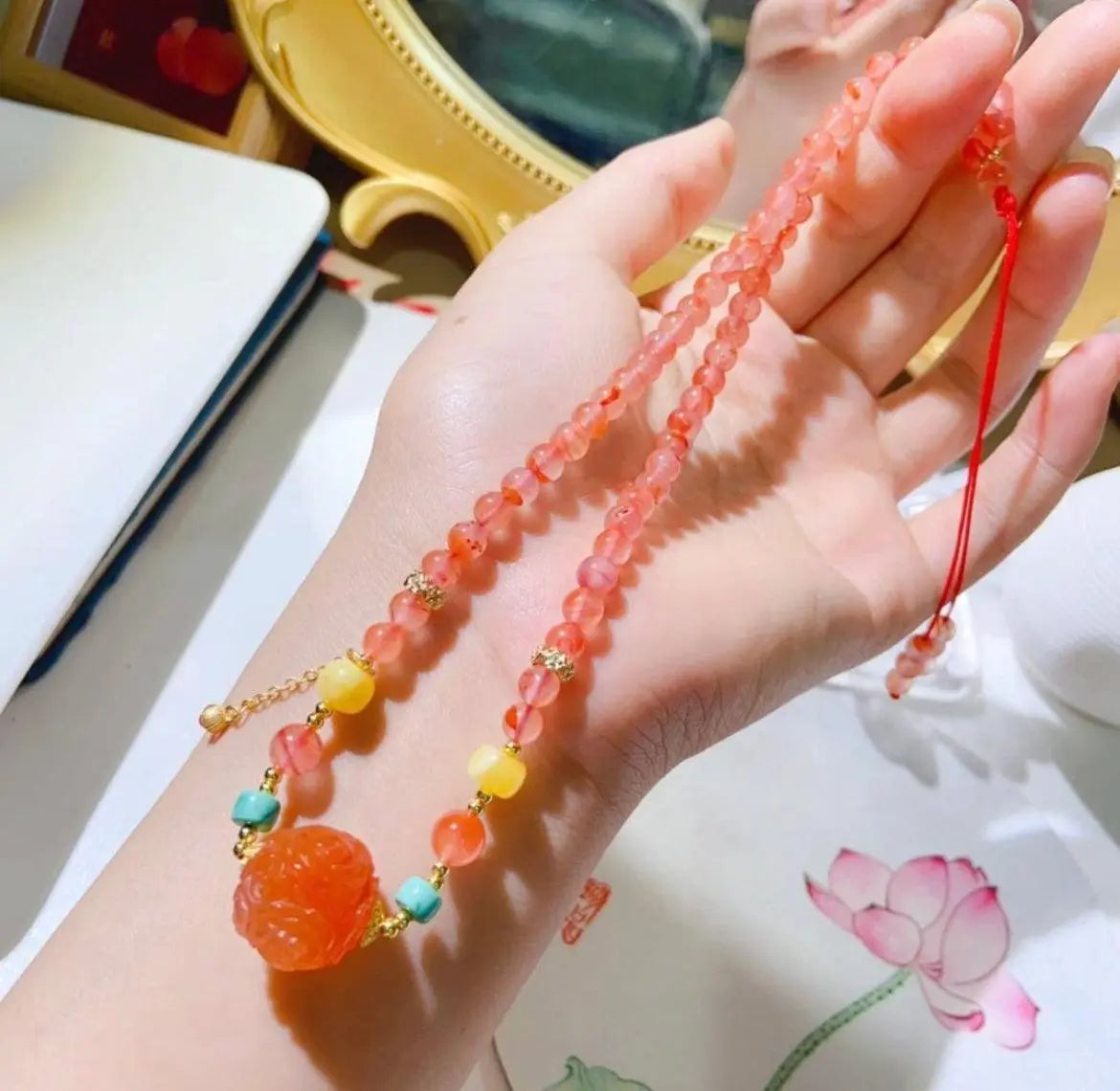 Unique Red Agate Jewelry: Carved Flower Bead Necklace SHINECRYS Arts and Crafts