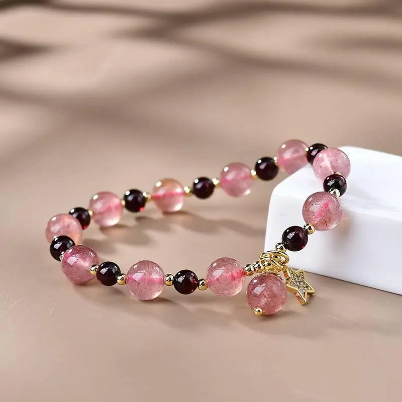 Natural Garnet & Strawberry Quartz Healing Crystal Bracelet - Silver Star Charm Energy Jewelry Crystal Country Arts and Crafts