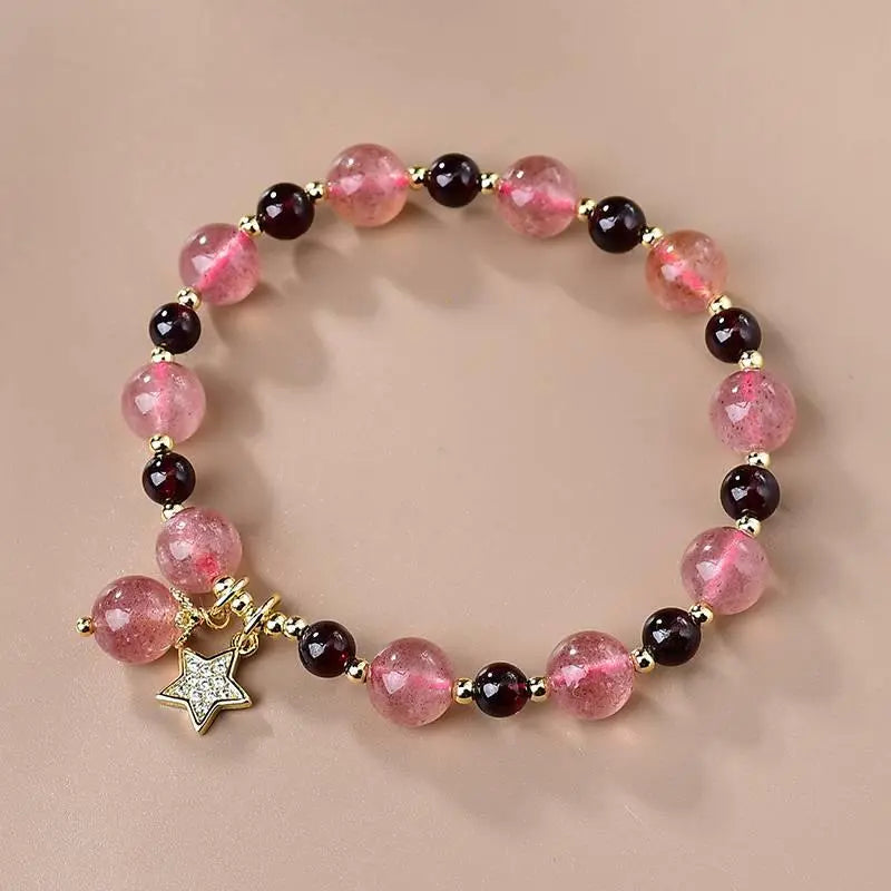 Natural Garnet & Strawberry Quartz Healing Crystal Bracelet - Silver Star Charm Energy Jewelry Crystal Country Arts and Crafts