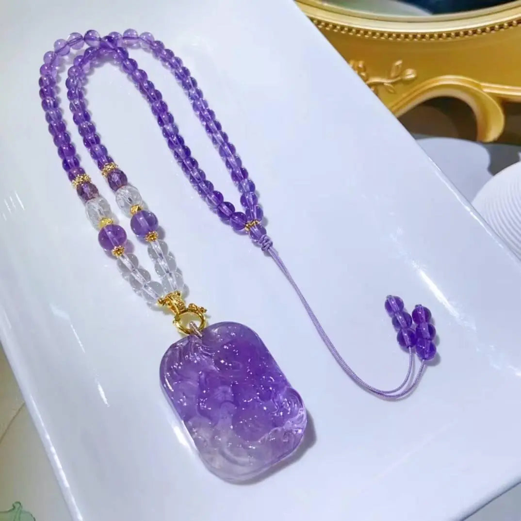 Natural Lavender Amethyst Nine-Tailed Fox Necklace Beauty Crystal Country Arts and Crafts