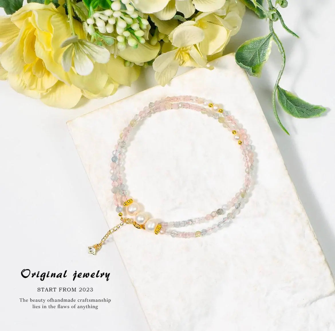 Delicate Pink & Blue Crystal Pearl Beaded Bracelet with Star Charm - Good Luck Gift SHINECRYS Arts and Crafts