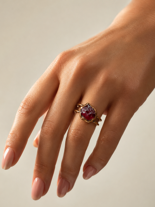 January birthstone ring styled on the hand with rich red gemstone color and quiet statement mood.