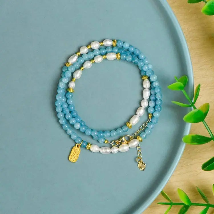 Aquamarine Pearl Necklace Clavicle Chain for Elegant Style Crystal Country Arts and Crafts
