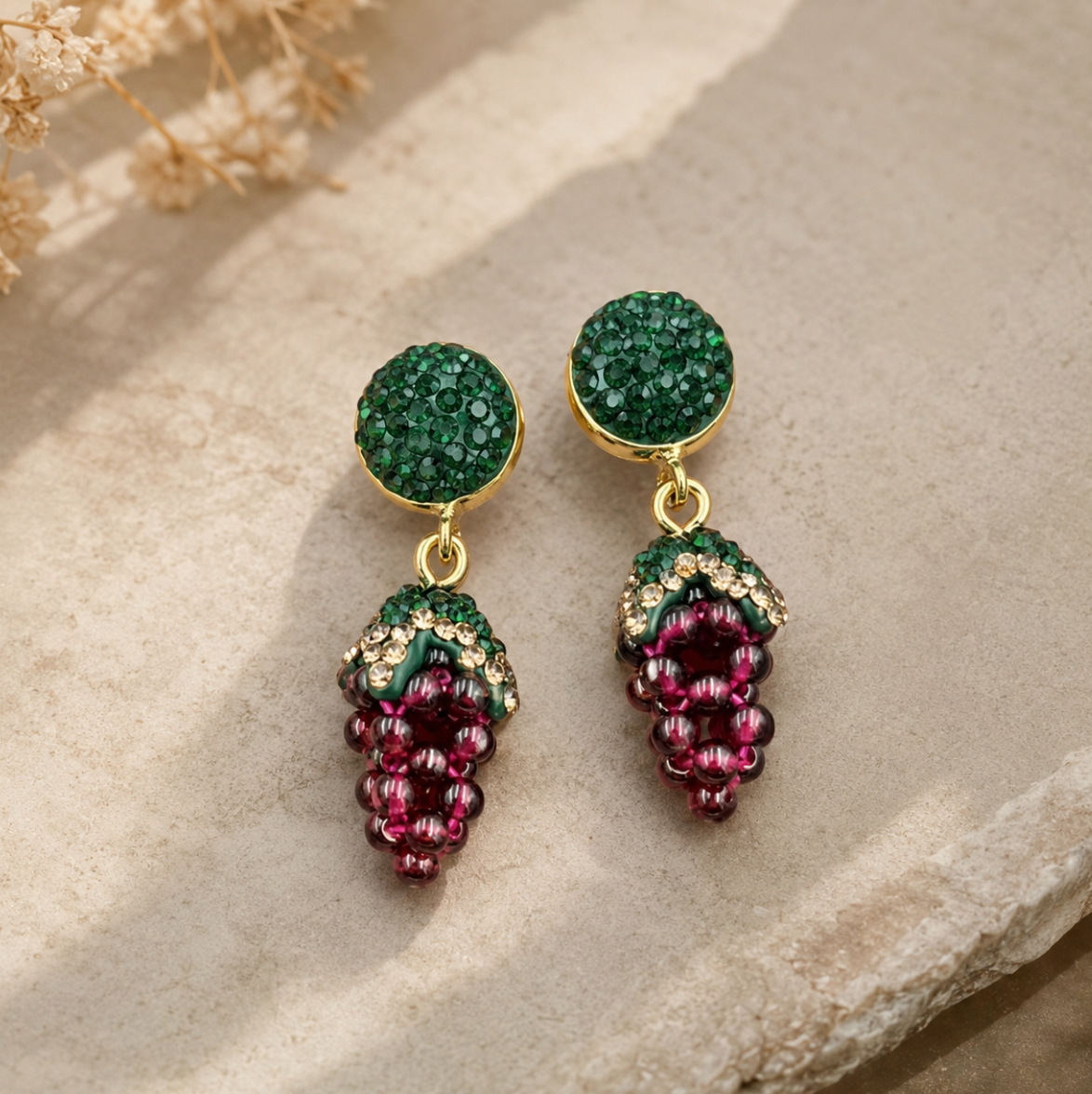 Full view of garnet earrings for women with grape-shaped natural garnet stones