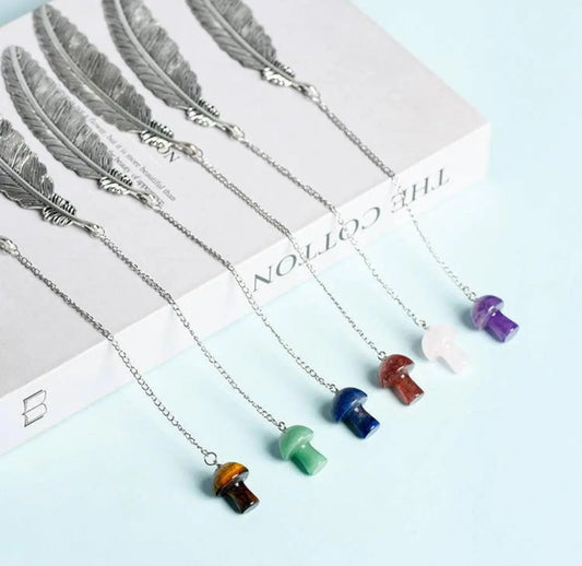 Silver Feather Bookmark with Chakra Stones and Mushroom Pendant – Creative Memorial Gift SHINECRYS Arts and Crafts