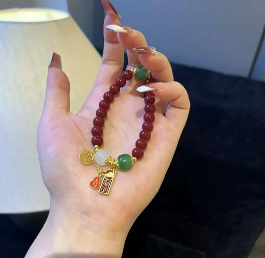 Hand Bracelet with Red Glass Beads, Gold Gourd Charm and Blessing Plaques Lichen Arts and Crafts