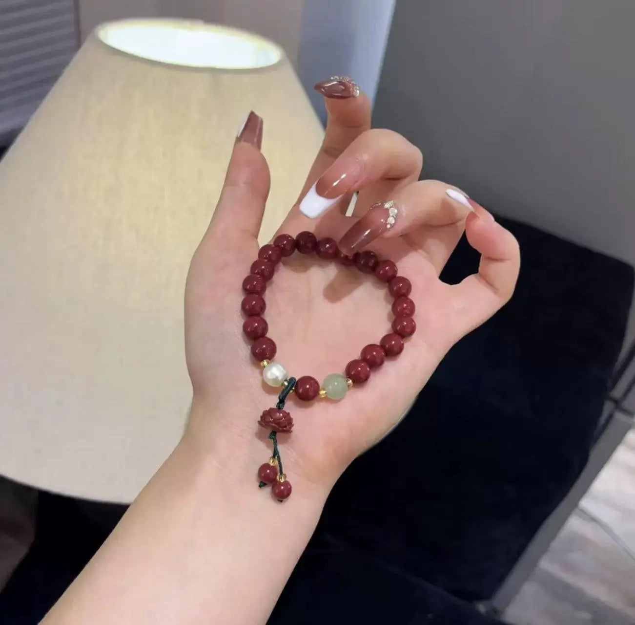 Hand Crystal Bracelet with Red Beads, Pearl, and Lotus Tassel Lichen Arts and Crafts
