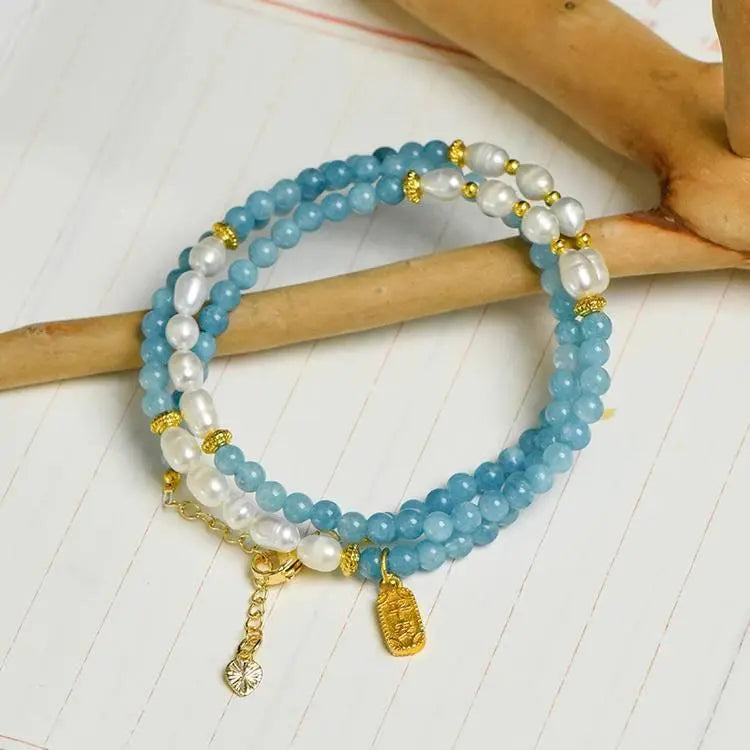 Aquamarine Pearl Necklace Clavicle Chain for Elegant Style Crystal Country Arts and Crafts