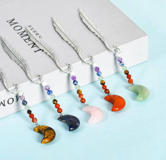 Chakra Stones Feather Bookmark with Moon Pendant – Healing Meditation & Chakra Balancing Accessory SHINECRYS Arts and Crafts