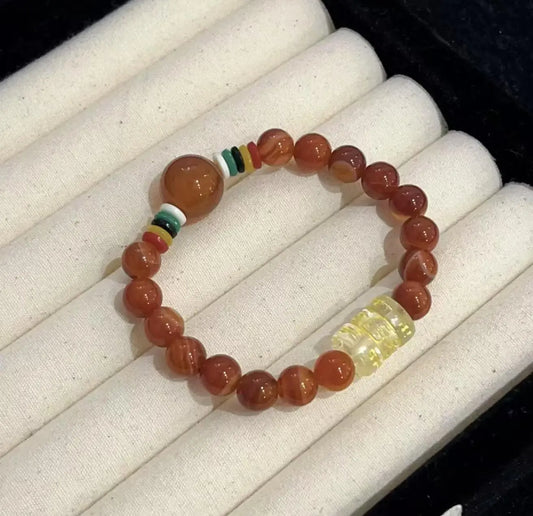 Mossy Agate Beaded Bracelet with Engraved Glass Charm Lichen Arts and Crafts