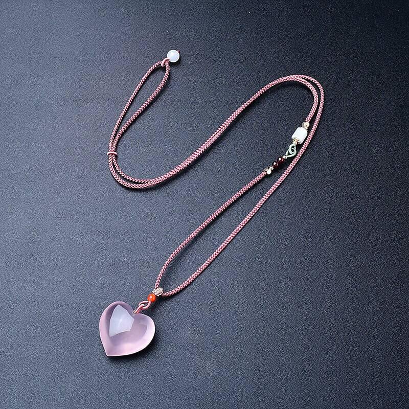 Pink Heart Crystal Necklace for Women - Adjustable Braided Rope Boho Jewelry Gift Crystal Country Arts and Crafts