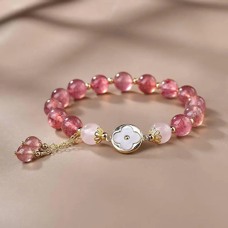 Strawberry Crystal Four-Leaf Clover Bracelet for Elegance Crystal Country Arts and Crafts