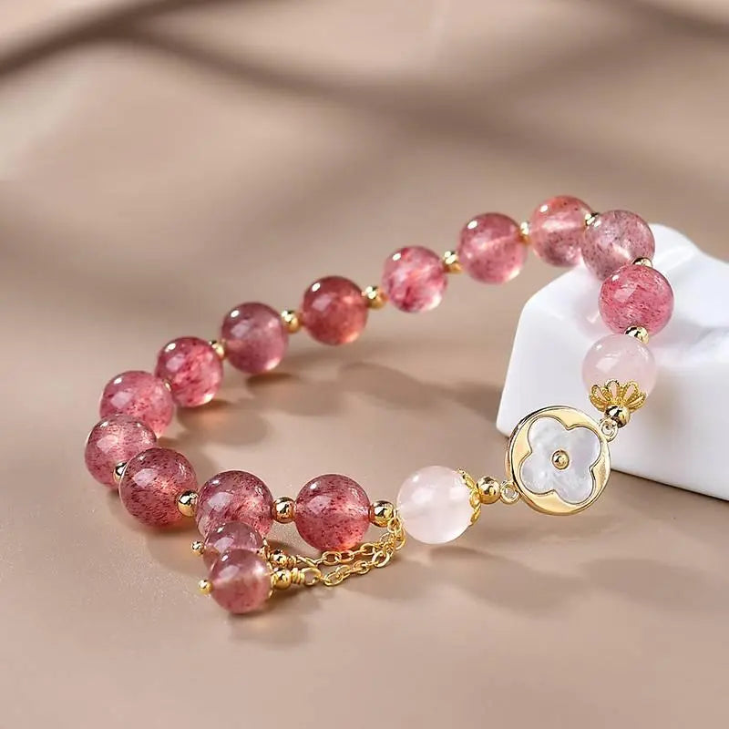 Strawberry Crystal Four-Leaf Clover Bracelet for Elegance Crystal Country Arts and Crafts