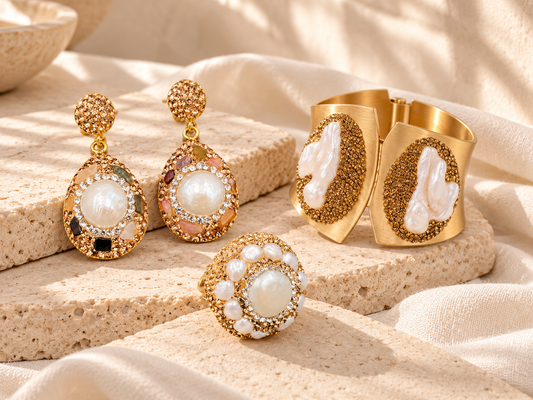 Baroque pearl ring, mosaic pearl drop earrings and gold-tone pearl cuff bracelet arranged on warm cream stone