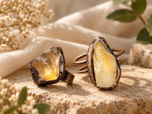 Two raw yellow citrine rings in antique copper-tone settings displayed on warm limestone with cream fabric and dried flowers
