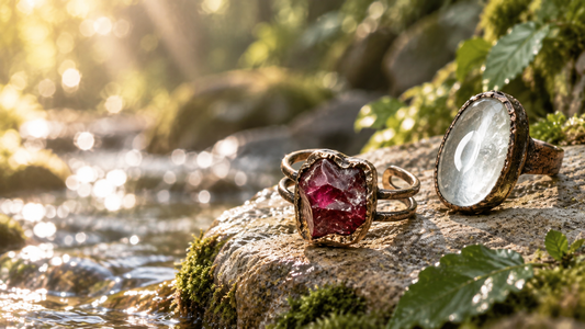 Crimson Relic raw garnet ring and Glassveil polished clear quartz ring beside a sunlit forest stream