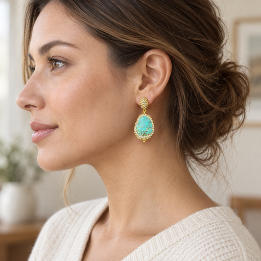 Turquoise drop earrings worn with hair tied back, showing a blue-green stone beside the jaw in side profile.