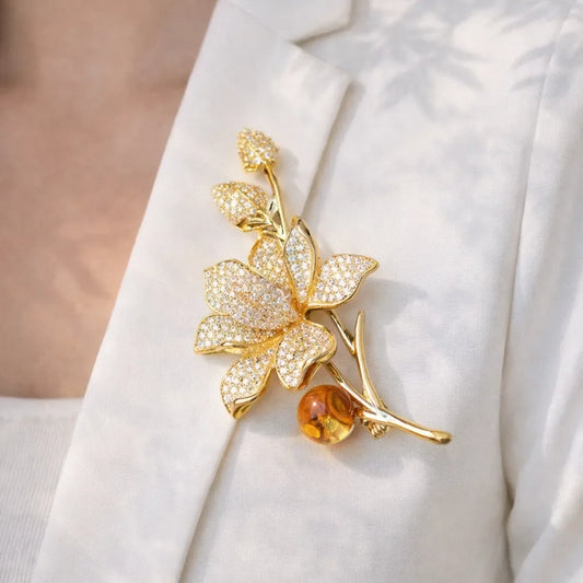 Natural Citrine Brooch - Lotus Flower Elegant Accessory - crystal luminious soul