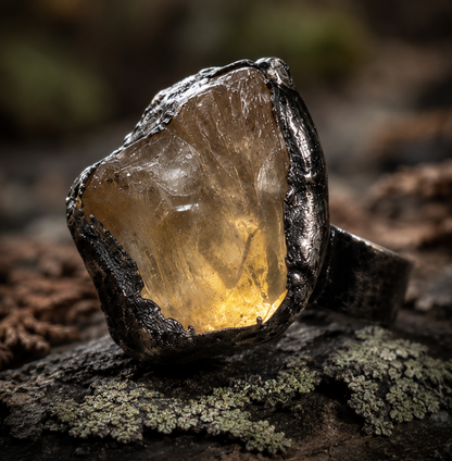November birthstone ring with warm yellow crystal, forest shadows, and refined everyday elegance.