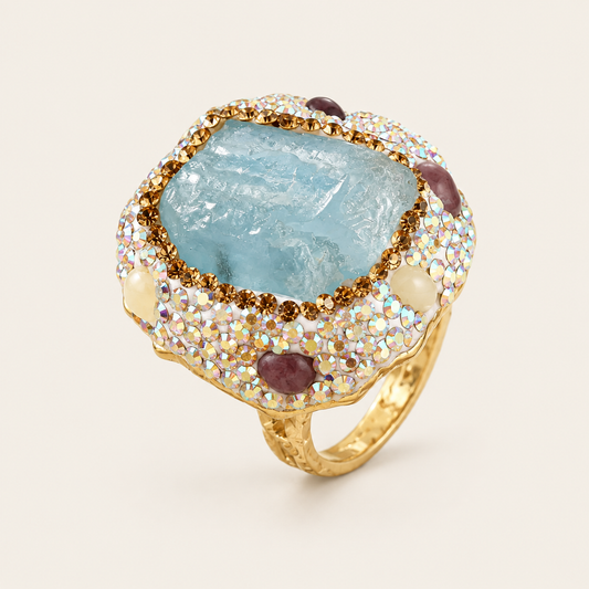 Raw aquamarine ring with a pale blue textured stone and gold-tone setting on a warm off-white background