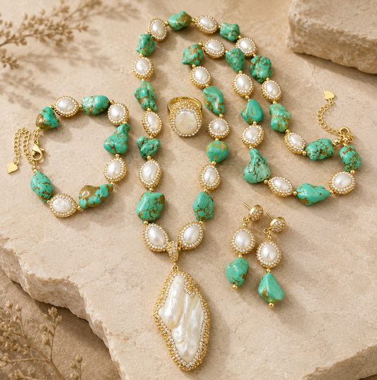Turquoise jewelry set with baroque pearls, turquoise stones, gold-tone details, and natural sunlight.