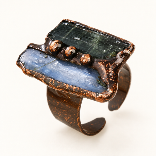Raw green tourmaline and blue kyanite statement ring with three copper beads and an aged copper band.