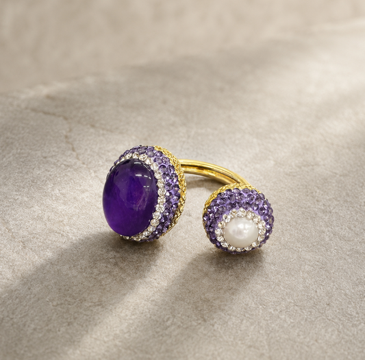 Eternal Amethyst Whisper – elegant amethyst ring with natural purple crystal and baroque pearl