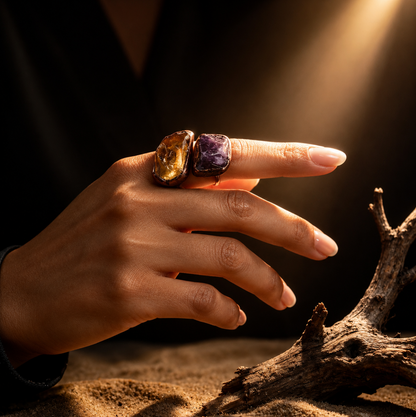 Amethyst ring paired with a citrine ring mood, creating rich violet and amber gemstone contrast.