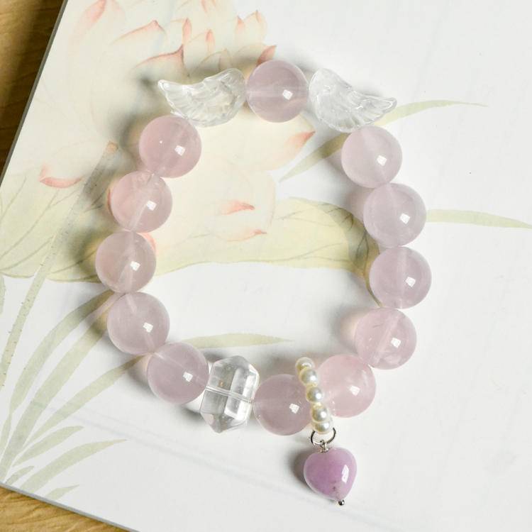 Natural Jelly Like Pink and Clear Quartz Angel Wing Bracelet