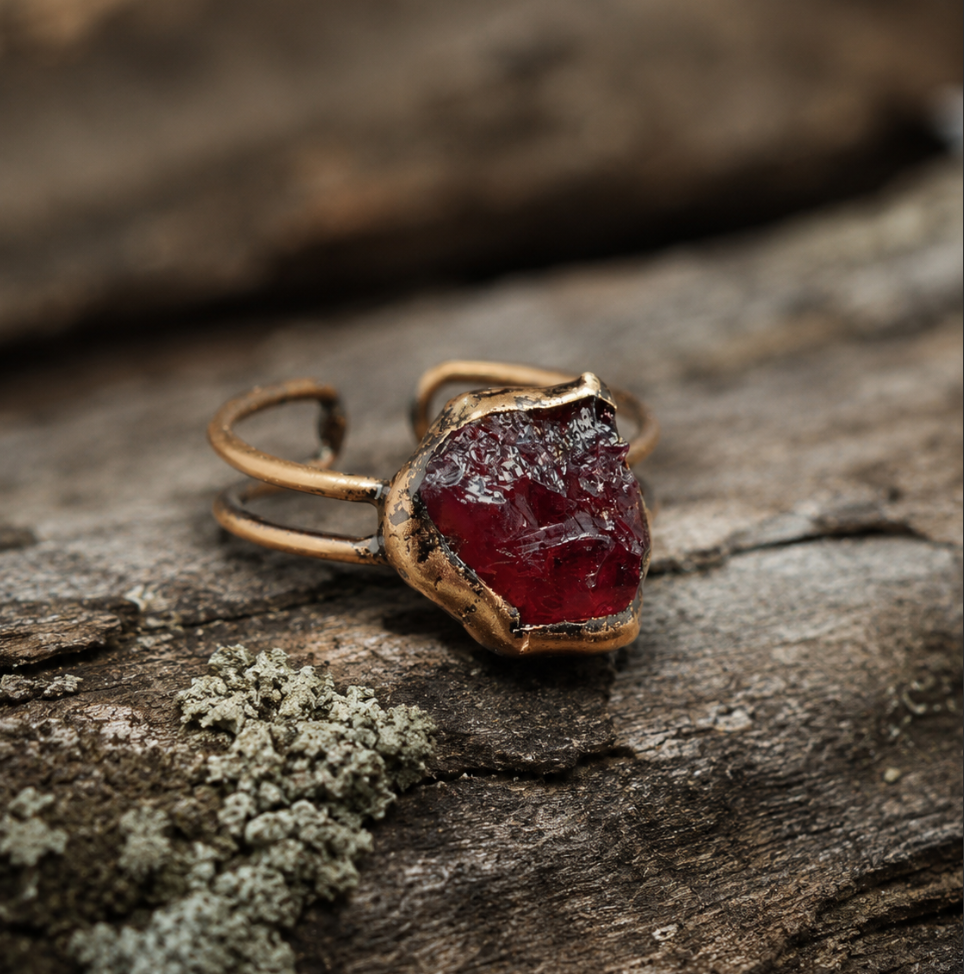 Garnet ring with deep red raw gemstone, organic edges, and vintage-inspired open-band design.