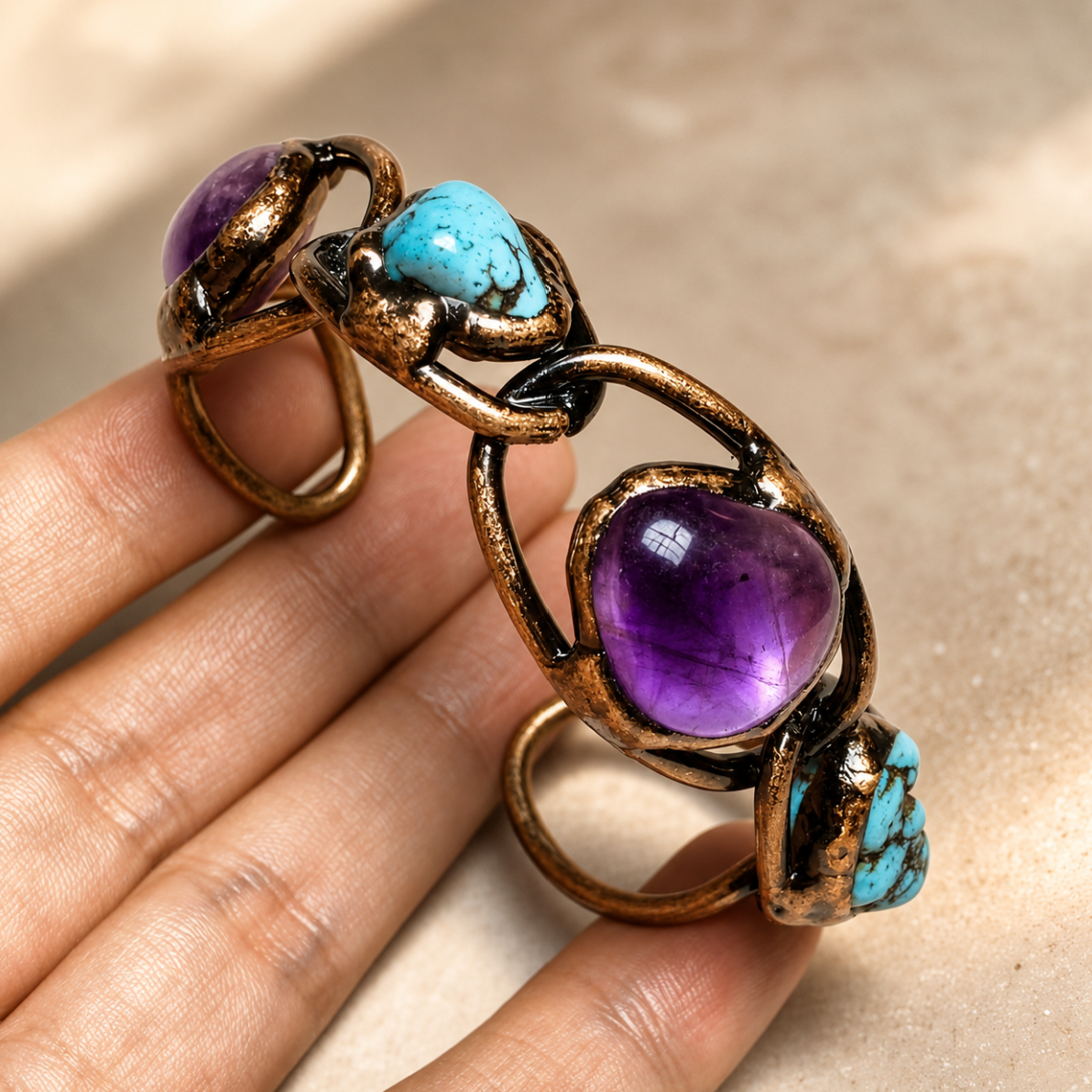 Turquoise bracelet with purple green gemstone bracelet color story and vintage-inspired structure.