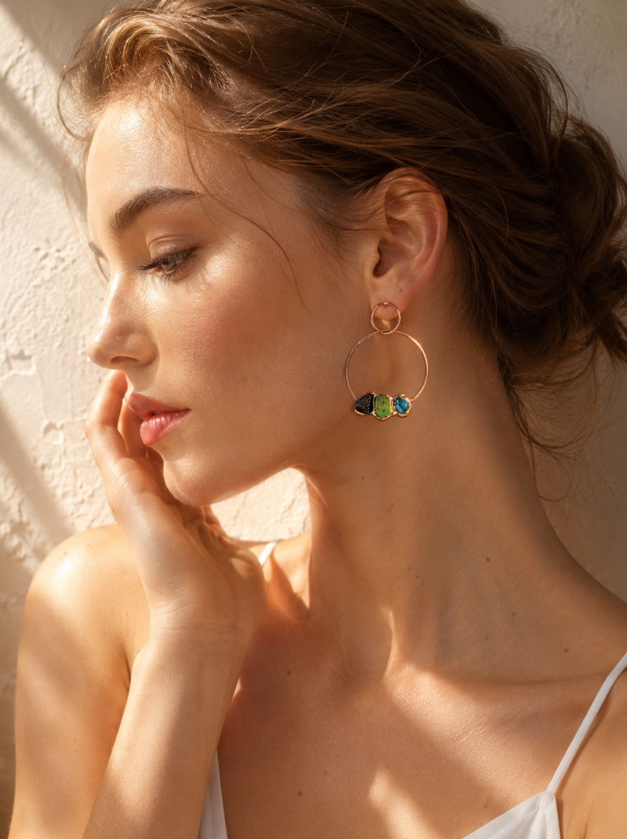 Green fluorite earrings with blue apatite and garnet stones in a delicate hoop drop design.