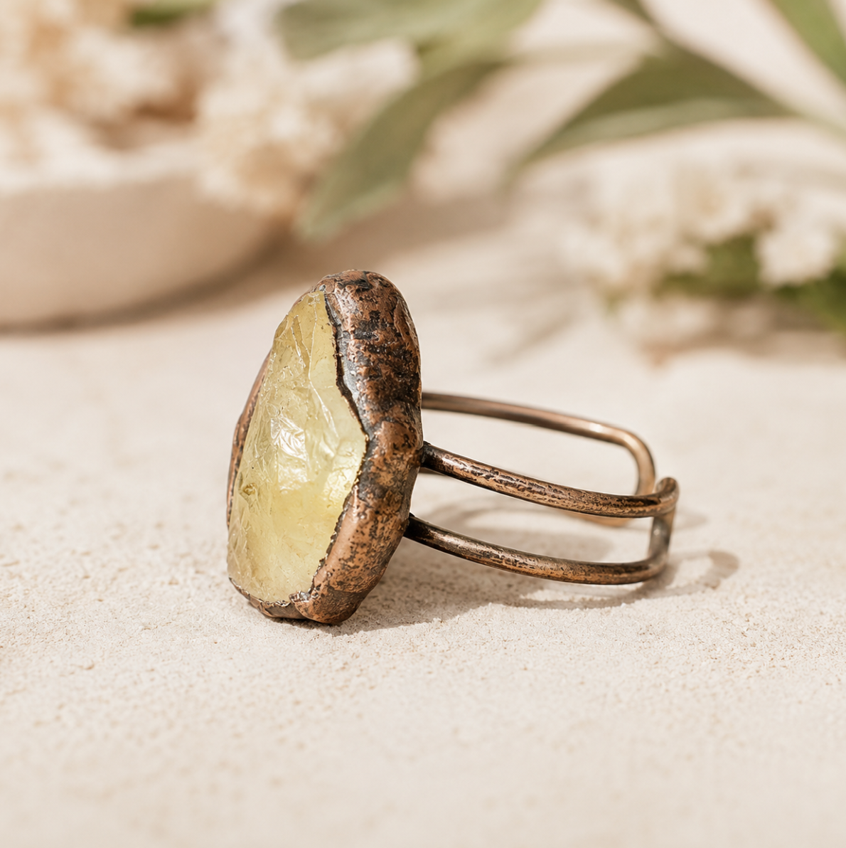 Citrine statement ring with bold raw stone shape and warm yellow ring color for women.