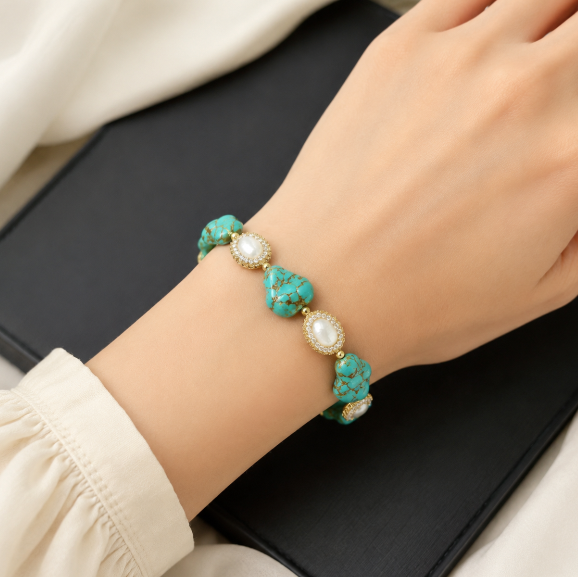 Blue green gemstone jewelry inspired by vintage turquoise jewelry and soft natural styling.