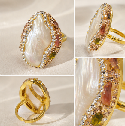 Side view of tourmaline ring catching soft light reflections