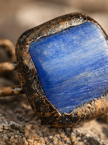 Side and back view of the blue stone ring showing the open double-band structure and raised stone setting.