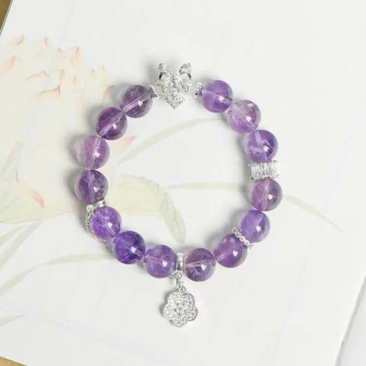 Natural Amethyst Single Loop Bracelet with Flower Charm Crystal Country