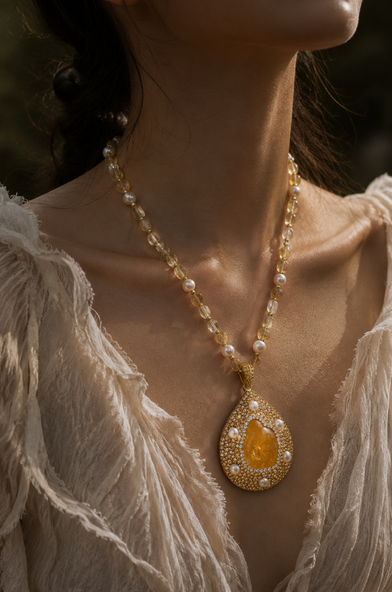Elegant yellow crystal necklace featuring a teardrop citrine pendant and delicate pearl accents for women.