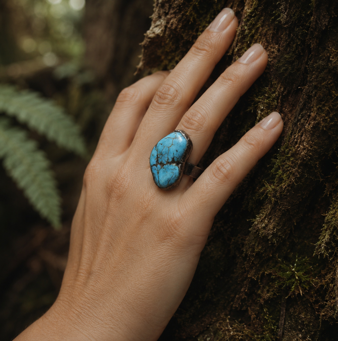 Turquoise stone ring styled on the hand with forest light, earthy texture, and refined boho mood.