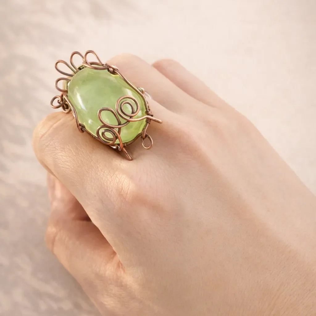 Enchanted Garden Prehnite Ring – Handmade Wire Wrapped Bohemian May Jewelry - crystal luminious soul