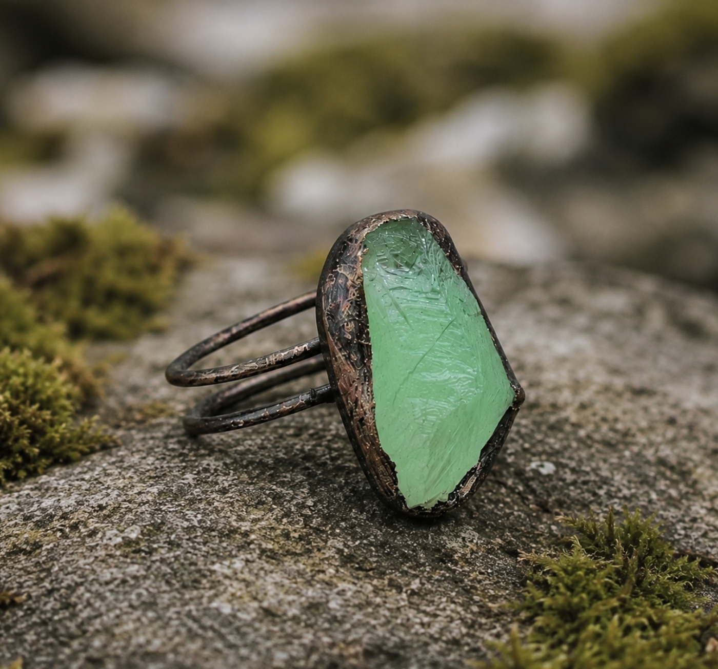 Fluorite ring displayed on mossy stone with soft green color and earthy crystal texture.