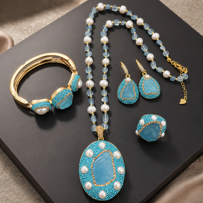 Aquamarine Sea Reverie Set – elegant aquamarine jewelry set with natural sea-blue aquamarine stones and pearls