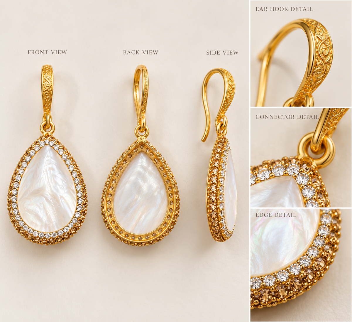 Gold teardrop earrings shown from front and side with hook, connector and drop profile details